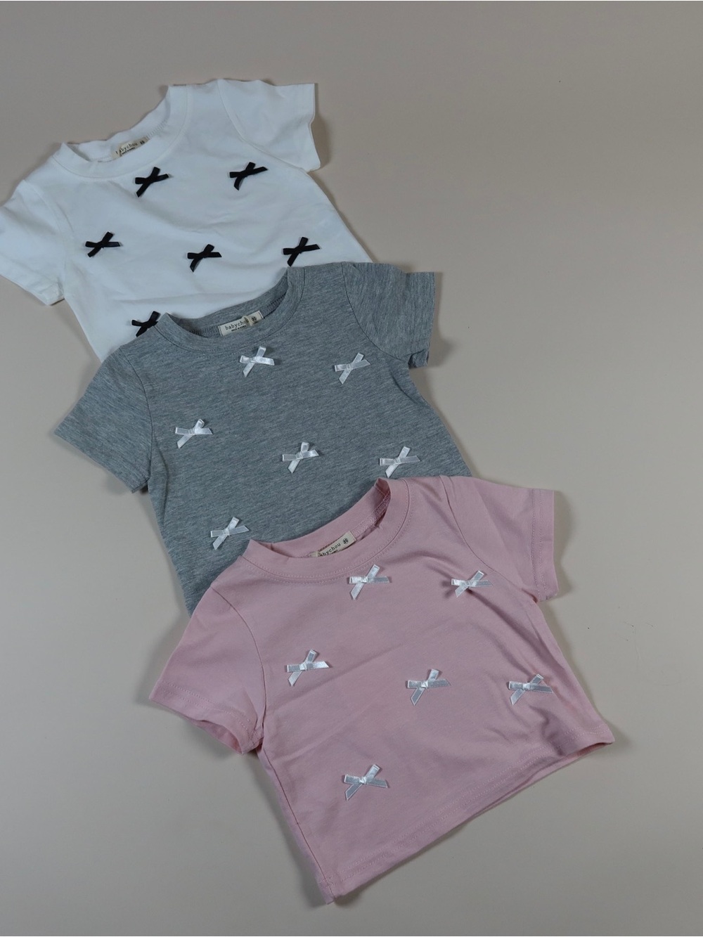 Girls Short-Sleeve Ribbon Bow Tee - White, Gray & Pink